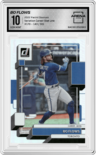 Bo Flows from the 2022 Panini Donruss set featuring a Career Stat Line
 parallel graded by Arena Club and given an overall grade of 10.