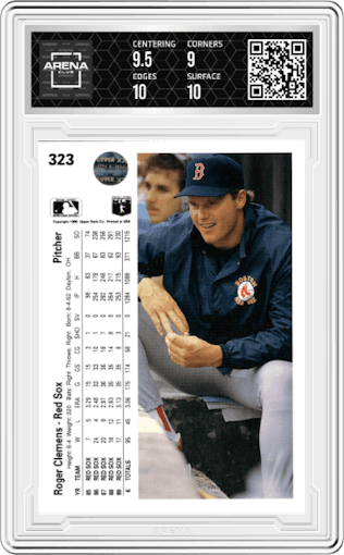 Roger Clemens from the 1990 Upper Deck set graded by Arena Club and given an overall grade of 9.5.