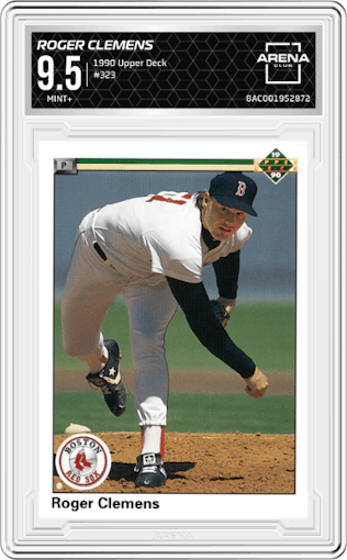 Roger Clemens from the 1990 Upper Deck set graded by Arena Club and given an overall grade of 9.5.