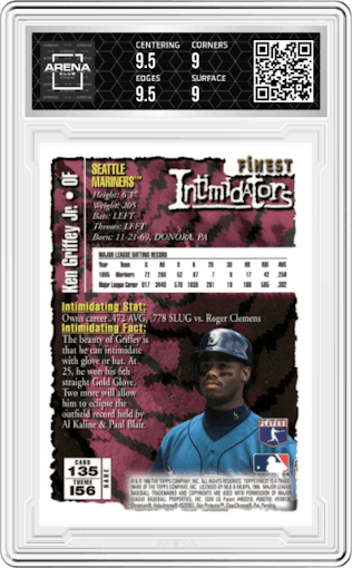 Ken Griffey Jr. from the 1996 Topps Finest set featuring a Gold W/ Coating parallel graded by Arena Club and given an overall grade of 9.5.