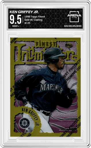 Ken Griffey Jr. from the 1996 Topps Finest set featuring a Gold W/ Coating parallel graded by Arena Club and given an overall grade of 9.5.