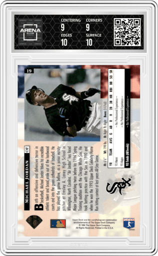 Michael Jordan from the 1994 Upper Deck set graded by Arena Club and given an overall grade of 9.5.