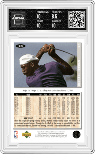 Michael Jordan from the 1994 Upper Deck Collector’s Choice set graded by Arena Club and given an overall grade of 9.