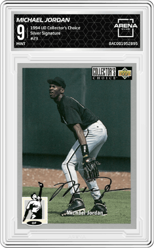 Michael Jordan from the 1994 Upper Deck Collector’s Choice set graded by Arena Club and given an overall grade of 9.