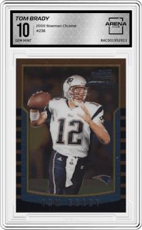 Tom Brady from the 2000 Bowman Chrome set graded by Arena Club and given an overall grade of 10.