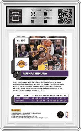 Rui Hachimura from the 2022-23 Panini Donruss Optic  set featuring a Green parallel graded by Arena Club and given an overall grade of 10.
