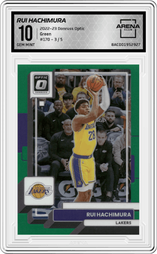 Rui Hachimura from the 2022-23 Panini Donruss Optic  set featuring a Green parallel graded by Arena Club and given an overall grade of 10.