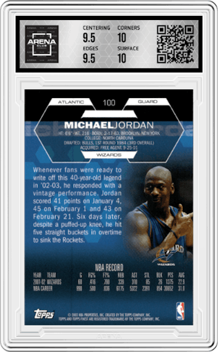 Michael Jordan from the 2002-03 Topps Finest set graded by Arena Club and given an overall grade of 10.
