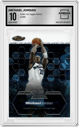 Michael Jordan from the 2002-03 Topps Finest set graded by Arena Club and given an overall grade of 10.