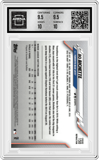 Bo Bichette from the 2020 Topps Chrome set featuring a X-Fractor parallel graded by Arena Club and given an overall grade of 10.