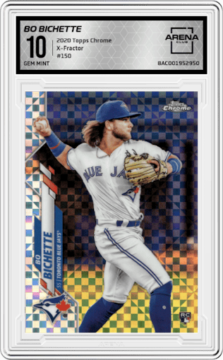 Bo Bichette from the 2020 Topps Chrome set featuring a X-Fractor parallel graded by Arena Club and given an overall grade of 10.
