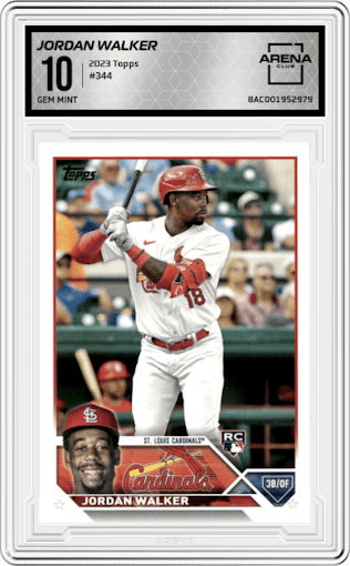 Jordan Walker from the 2023 Topps set graded by Arena Club and given an overall grade of 10.
