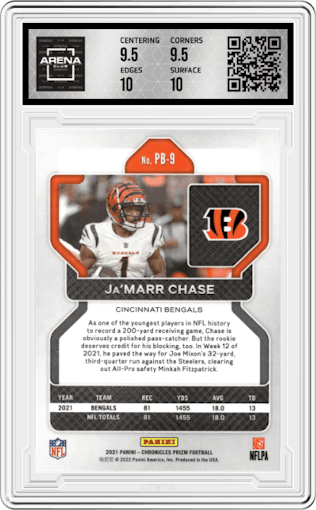 Ja'Marr Chase from the 2021 Panini Chronicles set graded by Arena Club and given an overall grade of 10.