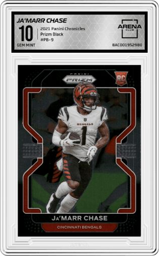Ja'Marr Chase from the 2021 Panini Chronicles set graded by Arena Club and given an overall grade of 10.