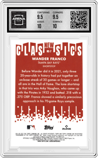 Wander Franco from the 2022 Topps Chrome set graded by Arena Club and given an overall grade of 10.