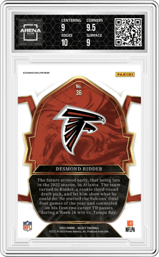 Desmond Ridder from the 2022 Panini Select set graded by Arena Club and given an overall grade of 9.5.