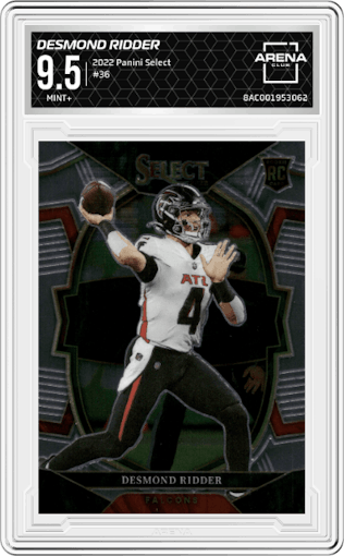 Desmond Ridder from the 2022 Panini Select set graded by Arena Club and given an overall grade of 9.5.