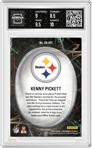 Kenny Pickett from the 2022 Panini Contenders set featuring a Emerald parallel graded by Arena Club and given an overall grade of 9.