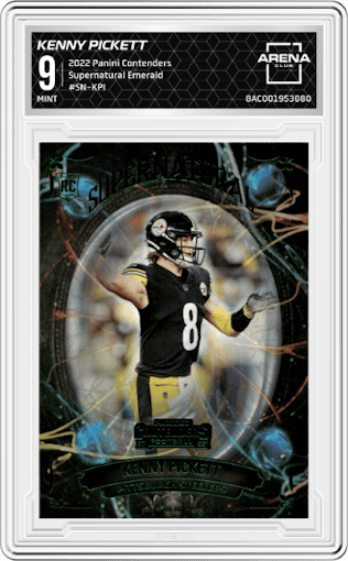 Kenny Pickett from the 2022 Panini Contenders set featuring a Emerald parallel graded by Arena Club and given an overall grade of 9.