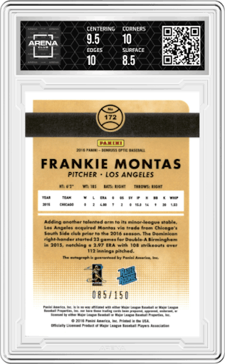 Frankie Montas from the 2016 Donruss Optic set featuring a Holo parallel graded by Arena Club and given an overall grade of 9.
