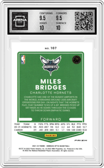 Miles Bridges from the 2021-22 Panini Donruss Optic set featuring a Photon parallel graded by Arena Club and given an overall grade of 10.