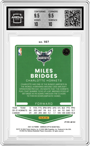 Miles Bridges from the 2021-22 Panini Donruss Optic set featuring a Photon parallel graded by Arena Club and given an overall grade of 10.