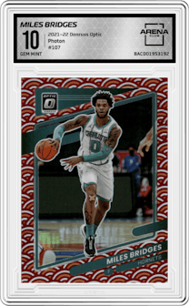 Miles Bridges from the 2021-22 Panini Donruss Optic set featuring a Photon parallel graded by Arena Club and given an overall grade of 10.