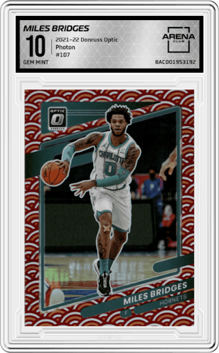 Miles Bridges from the 2021-22 Panini Donruss Optic set featuring a Photon parallel graded by Arena Club and given an overall grade of 10.