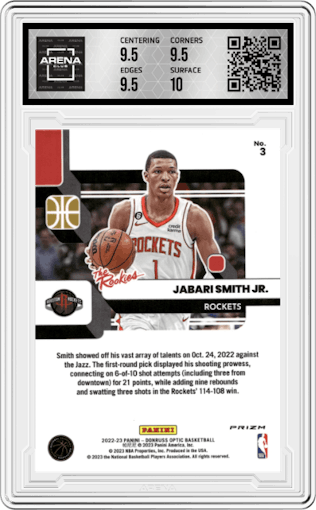 Jabari Smith Jr. from the 2022-23 Panini Donruss Optic  set featuring a Holo parallel graded by Arena Club and given an overall grade of 10.