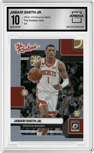 Jabari Smith Jr. from the 2022-23 Panini Donruss Optic  set featuring a Holo parallel graded by Arena Club and given an overall grade of 10.