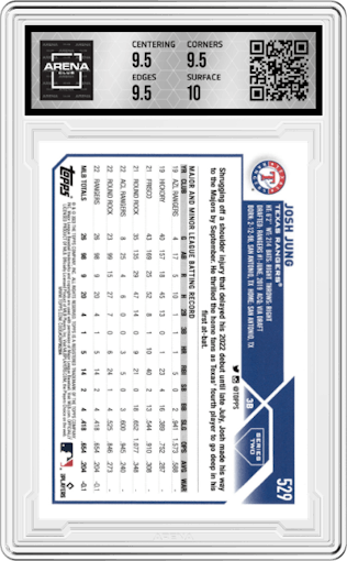 Josh Jung from the 2023 Topps Series 2 set graded by Arena Club and given an overall grade of 10.