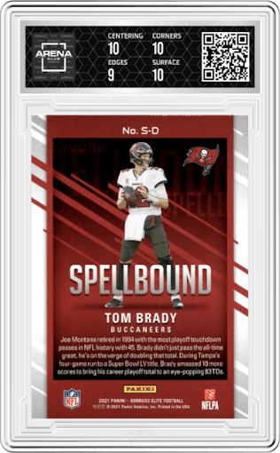 Tom Brady from the 2021 Panini Donruss Elite set featuring a Pink parallel graded by Arena Club and given an overall grade of 9.5.