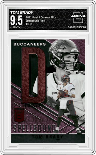 Tom Brady from the 2021 Panini Donruss Elite set featuring a Pink parallel graded by Arena Club and given an overall grade of 9.5.