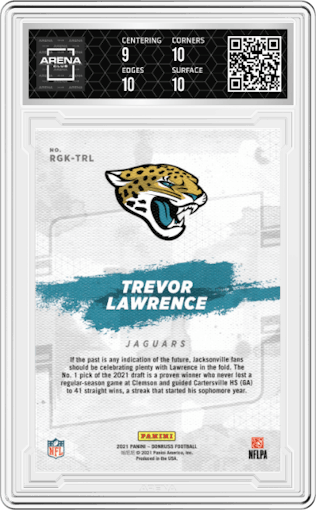 Trevor Lawrence  from the 2021 Panini Donruss set graded by Arena Club and given an overall grade of 9.5.