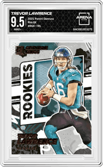 Trevor Lawrence  from the 2021 Panini Donruss set graded by Arena Club and given an overall grade of 9.5.