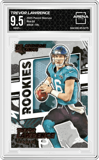 Trevor Lawrence  from the 2021 Panini Donruss set graded by Arena Club and given an overall grade of 9.5.