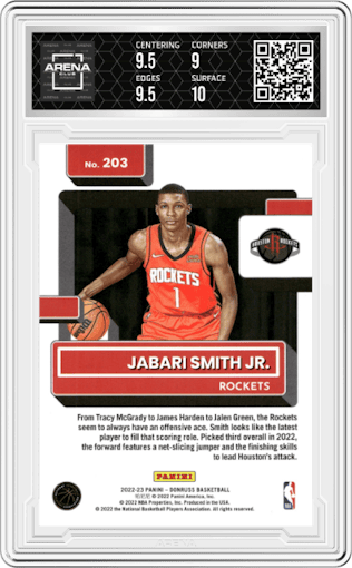 Jabari Smith Jr. from the 2022-23 Panini Donruss set featuring a Choice parallel graded by Arena Club and given an overall grade of 9.5.