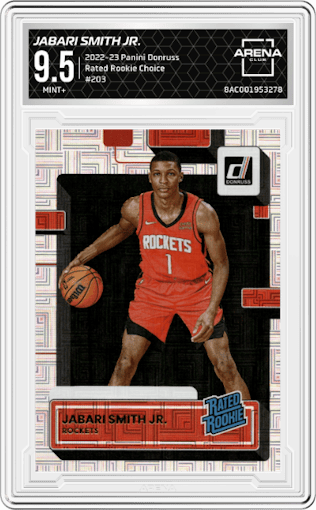 Jabari Smith Jr. from the 2022-23 Panini Donruss set featuring a Choice parallel graded by Arena Club and given an overall grade of 9.5.