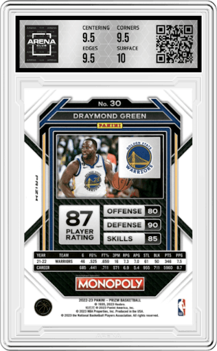 Draymond Green from the 2022-23 Panini Prizm Monopoly set featuring a Silver Prizm parallel graded by Arena Club and given an overall grade of 10.