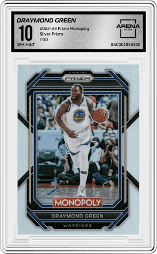 Draymond Green from the 2022-23 Panini Prizm Monopoly set featuring a Silver Prizm parallel graded by Arena Club and given an overall grade of 10.