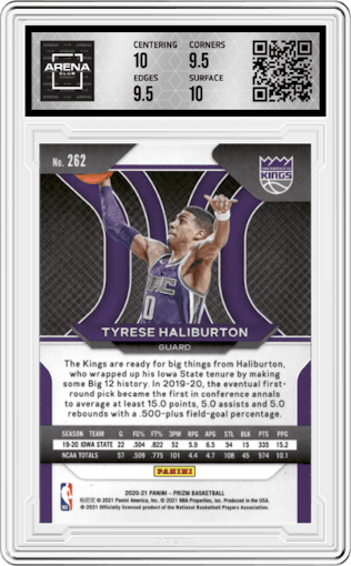 Tyrese Haliburton from the 2020-21 Panini Prizm set graded by Arena Club and given an overall grade of 10.