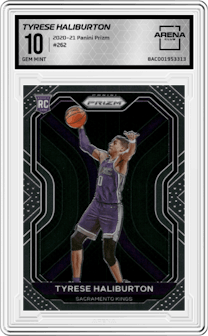 Tyrese Haliburton from the 2020-21 Panini Prizm set graded by Arena Club and given an overall grade of 10.