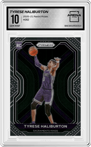 Tyrese Haliburton from the 2020-21 Panini Prizm set graded by Arena Club and given an overall grade of 10.