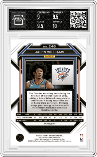 Jalen Williams from the 2022-23 Panini Prizm  set featuring a Silver Prizm parallel graded by Arena Club and given an overall grade of 9.5.