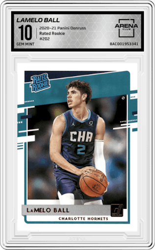 Lamelo Ball from the 2020-21 Panini Donruss set graded by Arena Club and given an overall grade of 10.
