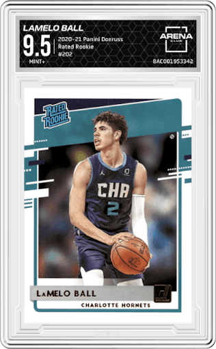 Lamelo Ball from the 2020-21 Panini Donruss set graded by Arena Club and given an overall grade of 9.5.