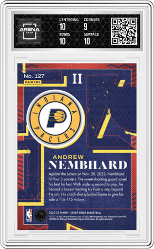 Andrew Nembhard from the 2022-23 Panini Court Kings set graded by Arena Club and given an overall grade of 9.5.