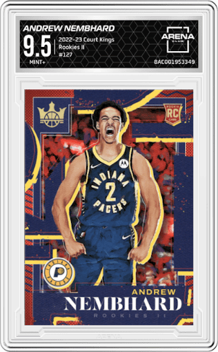 Andrew Nembhard from the 2022-23 Panini Court Kings set graded by Arena Club and given an overall grade of 9.5.