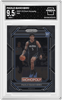 Paolo Banchero from the 2022-23 Panini Prizm Monopoly set graded by Arena Club and given an overall grade of 9.5.