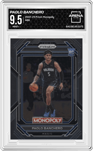 Paolo Banchero from the 2022-23 Panini Prizm Monopoly set graded by Arena Club and given an overall grade of 9.5.